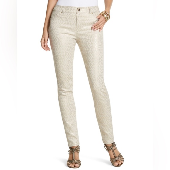 Chicos beige platinum denim ankle pants with metallic gold lattice design - Picture 1 of 16